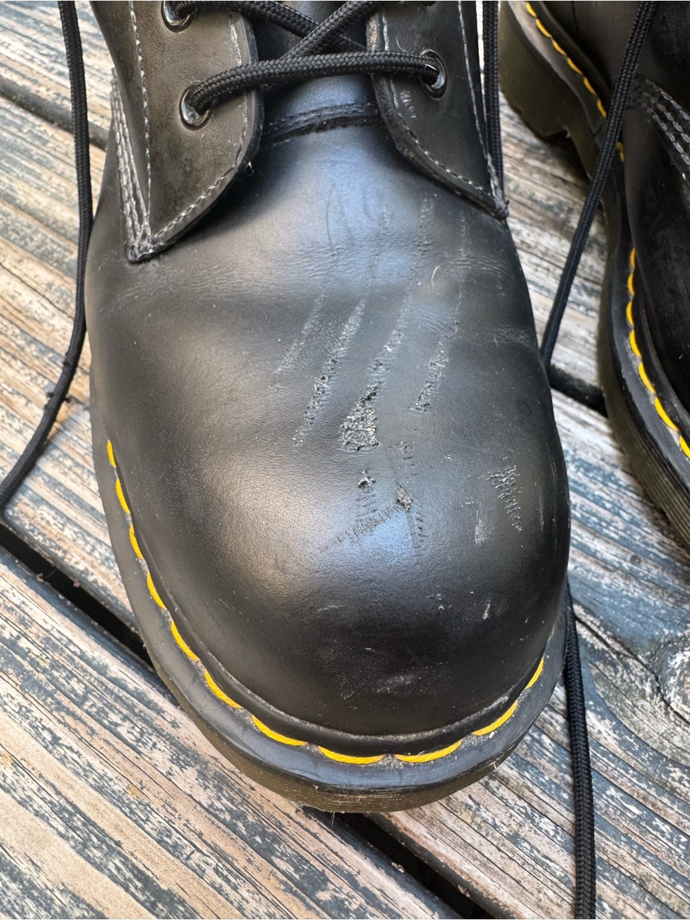 Dr. Martens AirWair Black Leather Lace-Up Combat Boots with Yellow Stitching - Picture 2 of 9